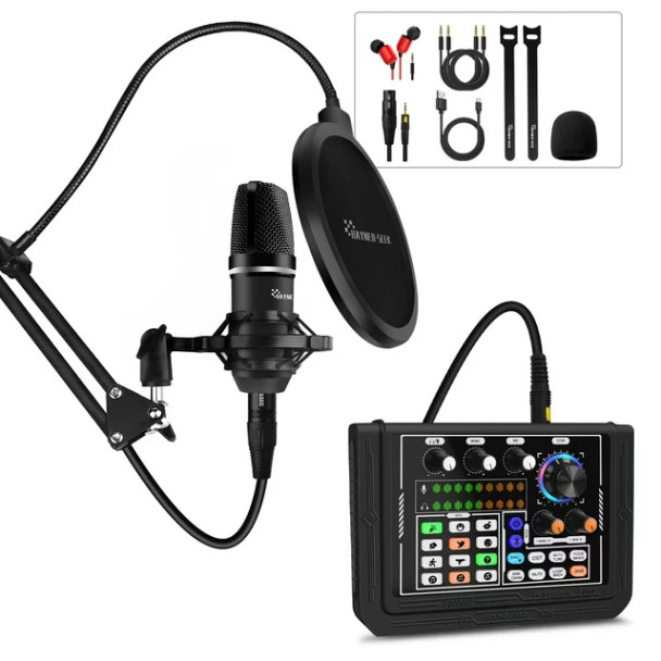 Podcast Equipment Bundle, DJ Mixer Sound Mixer ALL-IN-ONE Kit with 3.5mm Mic Audio Interface/Audio Mixer for Live Streaming/Gaming/Recording/Singing/PC/Smartphone/Tablet.