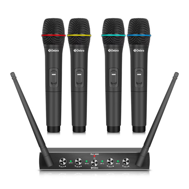 Pro UHF 4 Channel Wireless Microphone System Debra Audio AU400 with Cordless Handheld Lavalier Headset Mics, Metal Receiver, Ideal for Karaoke Church Party(With 4 Handheld Mics(A))