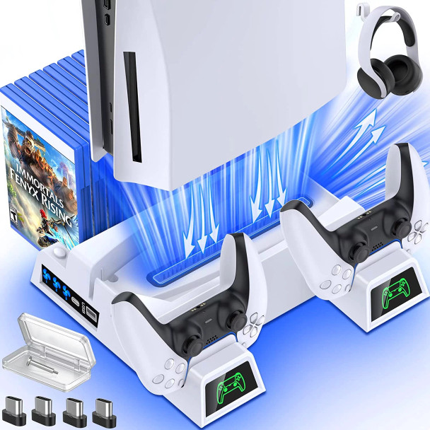 BEBONCOOL PS5 Controller Stand with Cooling Fan,PS5 Accessories with PS5 Dual Controller Charger Station for Playstation 5 Gaming Console,White