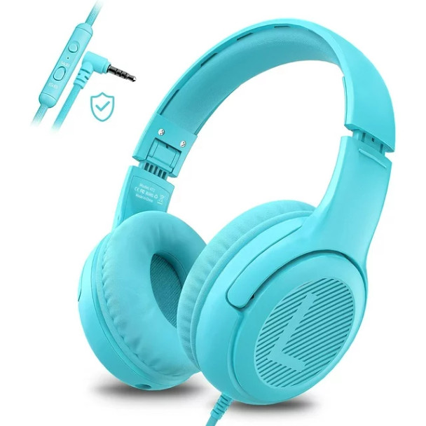 Toddler Headphones with Mic for School Boys & Girls Child - Safe Volume 85/94dB Volume Control - awatrue 3.5mm On-Ear FunShare Kids Earphones for Chromebook Laptops Tablets Gaming Devices, Aqua Green