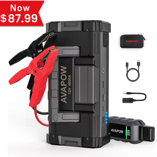 AVAPOW 6000A Car Battery Jump Starter(for All Gas or Upto 12L Diesel) Powerful Car Jump Starter with Dual USB Quick Charge and DC Output,12V Jump Pack with Built-in LED Bright Light
