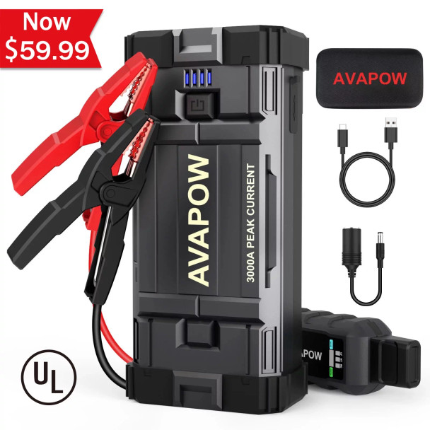 AVAPOW Car Battery Jump Starter ,3000A Peak Portable Jump Starters for Up to 8L Gas 8L Diesel Engine with Booster Function,12V Lithium Jump Charger Pack Box with Smart Safety Clamp