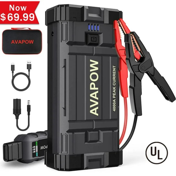AVAPOW Car Jump Starter, 4000A Peak 27800mAh Battery Jump Starter (for All Gas or Up to 10L Diesel), Battery Booster Power Pack, 12V Auto Jump Box with LED Light, USB Quick Charge 3.0.