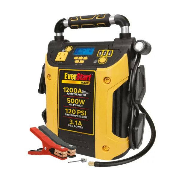 EverStart Maxx J5CPDE Jump Starter, Power Station, 1200 Peak Battery Amps with 500W Inverter and 120 PSI Compressor.