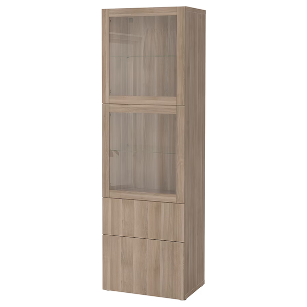 BESTÅ Storage combination w/glass doors, walnut effect light gray/Lappviken gray stained walnut eff clear glass,