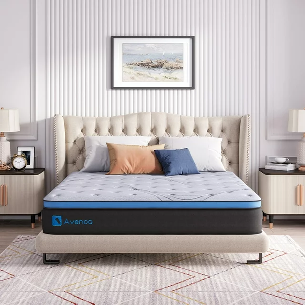 Queen Size Mattress, Avenco Queen Mattress Firm, 10 inch Hybrid Queen Mattress in a Box, Innerspring and Gel Memory Foam, Grey, Pillow Top