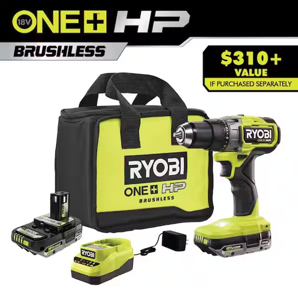 RYOBI ONE+ HP 18V Brushless Cordless 1/2 in. Drill/Driver Kit with (2) 2.0 Ah HIGH PERFORMANCE Batteries, Charger, and Bag