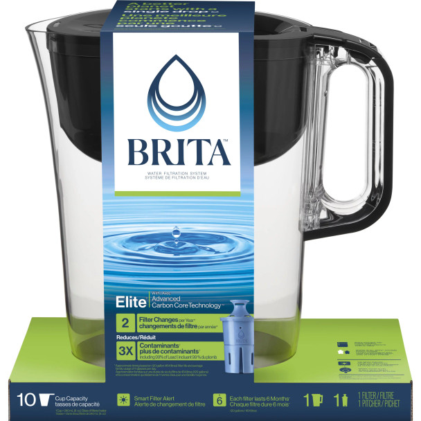 Brita Large 10 Cup Water Filter Pitcher with 1 Brita Elite Filter, Made Without BPA, Huron, Black