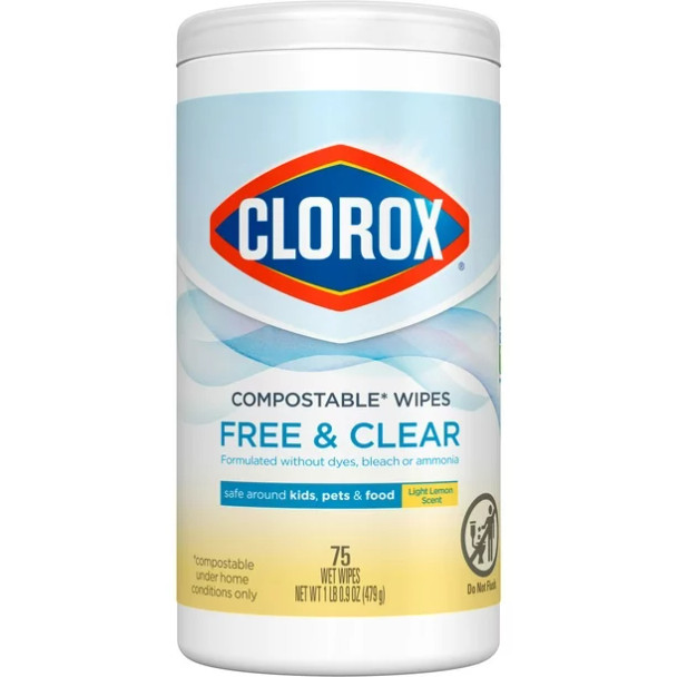 Clorox Compostable Cleaning Wipes, All Purpose Wipes, Simply Lemon, 75 Count