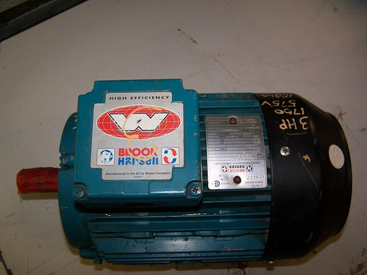BROOK HANSEN 3 HP ELECTRIC AC MOTOR 575 VAC 1700 RPM 3 PHASE WD100LA