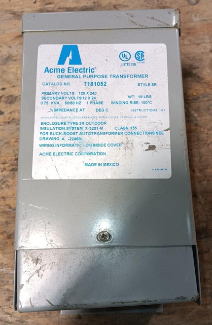 ACME T181052 .75 KVA TRANSFORMER SINGLE PHASE 120/240V PRI 12/24V SEC NEMA 3R