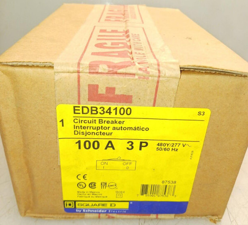 NEW SEALED SQUARE D EDB34100 CIRCUIT BREAKER 100 AMP 3 POLE 480Y/277 VAC 18kA