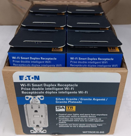 6) NEW EATON WFTRCR15-SG-SP-L WIFI SMART DUPLEX RECEPTACLE SILVER GRANITE 15 AMP 6) NEW EATON WFTRCR15-SG-SP-L WIFI SMART DUPLEX RECEPTACLE SILVER GRANITE 15 AMP
