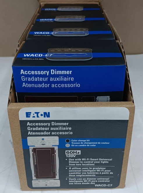 BOX OF 4) NEW EATON WACD-C7 SMART WI-FI UNIVERSAL DIMMER 120V BROWN/BLACK/GRAY BOX OF 4) NEW EATON WACD-C7 SMART WI-FI UNIVERSAL DIMMER 120V BROWN/BLACK/GRAY