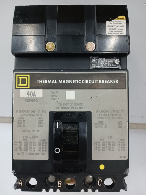 Square D 40 Amp I-Line Thermal-Magnetic Circuit Breaker 3P 480 VAC FA34040 *Flaw