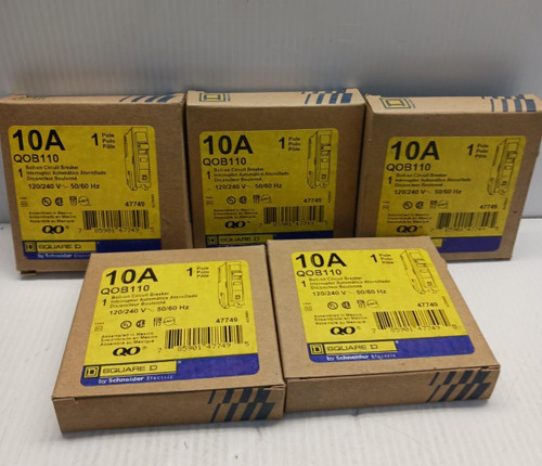 (Lot of 5) New Square D QOB110 Circuit Breaker 10 amp 1 Pole 120/240 Vac Bolt-on (Lot of 5) New Square D QOB110 Circuit Breaker 10 amp 1 Pole 120/240 Vac Bolt-on