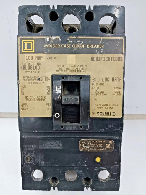 Square D 100 Amp Molded Case Circuit Breaker 3 Pole 600 VAC 25kA KAL36100 (Flaw) Square D 100 Amp Molded Case Circuit Breaker 3 Pole 600 VAC 25kA KAL36100 (Flaw)