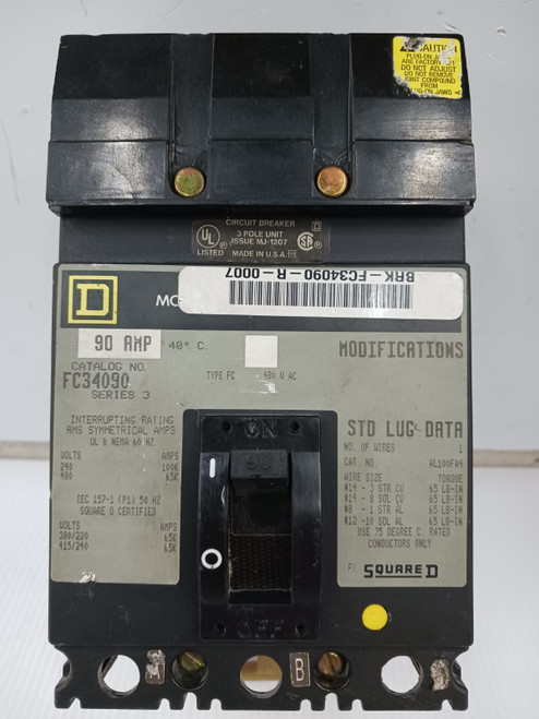 Square D 90 Amp I-Line Molded Case Circuit Breaker 3 Pole 480 VAC 65kA FC34090 Square D 90 Amp I-Line Molded Case Circuit Breaker 3 Pole 480 VAC 65kA FC34090