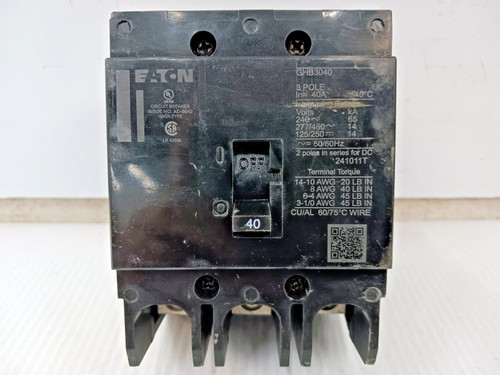 Eaton 40 Amp Bolt-On Circuit Breaker 3 Pole 480Y/277 VAC 65kA GHB3040 (Flaw) Eaton 40 Amp Bolt-On Circuit Breaker 3 Pole 480Y/277 VAC 65kA GHB3040 (Flaw)
