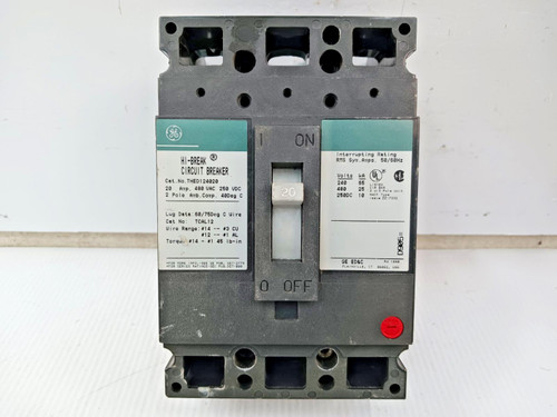 GE 20 Amp Hi-Break Circuit Breaker 2 Pole 480 VAC / 250 VDC 25kA THED124020