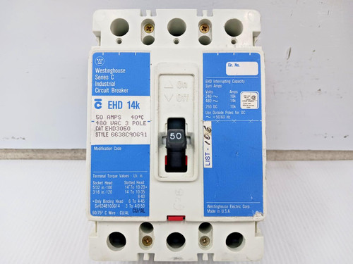 Westinghouse 50 Amp Circuit Breaker 3 Pole 480 VAC / 250 VDC 14kA EHD3050 (Flaw) Westinghouse 50 Amp Circuit Breaker 3 Pole 480 VAC / 250 VDC 14kA EHD3050 (Flaw)
