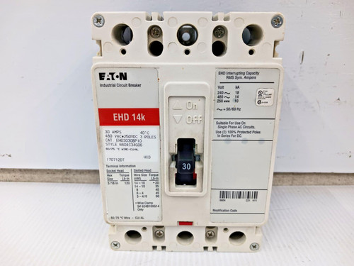 Eaton 30 Amp Circuit Breaker 3 Pole 480 VAC / 250 VDC 14kA EHD3030BP10 Eaton 30 Amp Circuit Breaker 3 Pole 480 VAC / 250 VDC 14kA EHD3030BP10
