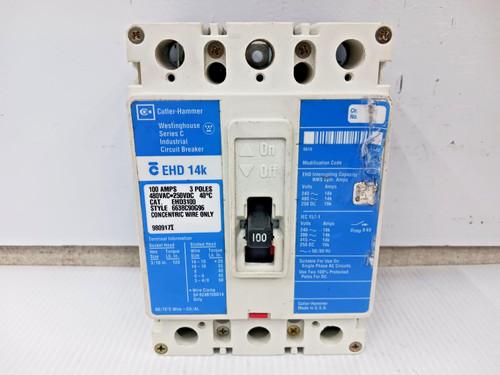 Cutler Hammer 100 Amp Circuit Breaker 3P 480 VAC / 250 VDC 14kA EHD3100 *Blue* Cutler Hammer 100 Amp Circuit Breaker 3P 480 VAC / 250 VDC 14kA EHD3100 *Blue*