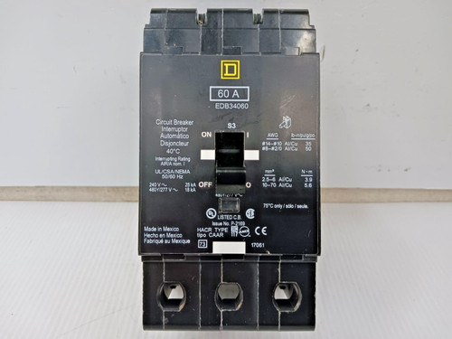 Square D 60 Amp Bolt-On Circuit Breaker 3 Pole 480Y/277 VAC 25kA EDB34060 Square D 60 Amp Bolt-On Circuit Breaker 3 Pole 480Y/277 VAC 25kA EDB34060