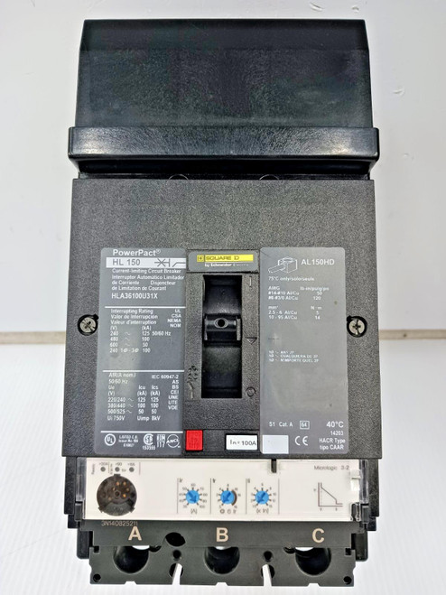 Square D PowerPact 100 Amp I-Line Circuit Breaker 3 Pole 600 VAC HLA36100U31X Square D PowerPact 100 Amp I-Line Circuit Breaker 3 Pole 600 VAC HLA36100U31X