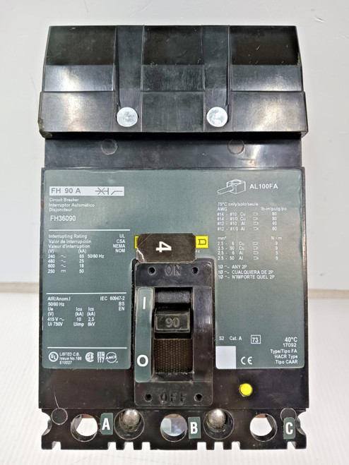 Square D 90 Amp I-Line Circuit Breaker 3 Pole 600 VAC / 250 VDC 25kA FH36090 Square D 90 Amp I-Line Circuit Breaker 3 Pole 600 VAC / 250 VDC 25kA FH36090