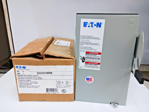 New Eaton 30 Amp Fusible Safety Switch 2 Pole 240 VAC 7.5 HP 3R DG221NRB New Eaton 30 Amp Fusible Safety Switch 2 Pole 240 VAC 7.5 HP 3R DG221NRB