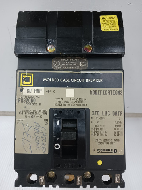 Square D 60 Amp I-Line Molded Case Circuit Breaker 3 Pole 240 VAC FA32060 *Flaw* Square D 60 Amp I-Line Molded Case Circuit Breaker 3 Pole 240 VAC FA32060 *Flaw*