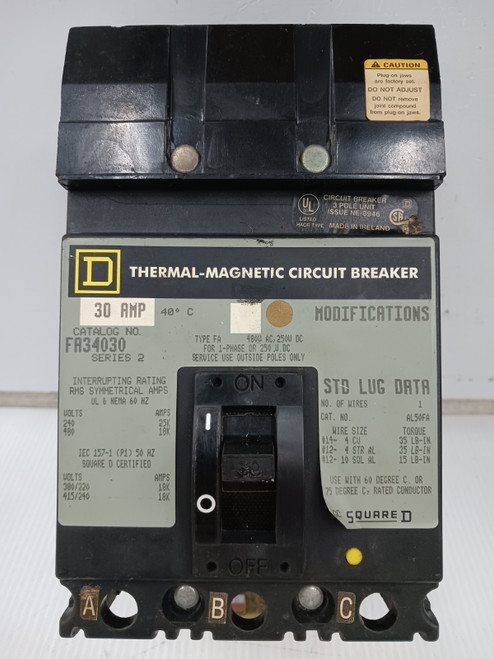 Square D 30 Amp I-Line Thermal-Magnetic Circuit Breaker 3 Pole 480 VAC FA34030 Square D 30 Amp I-Line Thermal-Magnetic Circuit Breaker 3 Pole 480 VAC FA34030