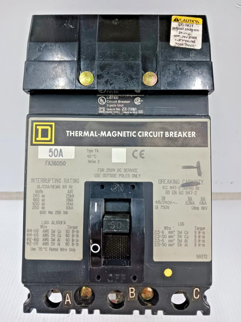 Square D 50 Amp I-Line Thermal-Magnetic Circuit Breaker 3 Pole 600 VAC FA36050 Square D 50 Amp I-Line Thermal-Magnetic Circuit Breaker 3 Pole 600 VAC FA36050