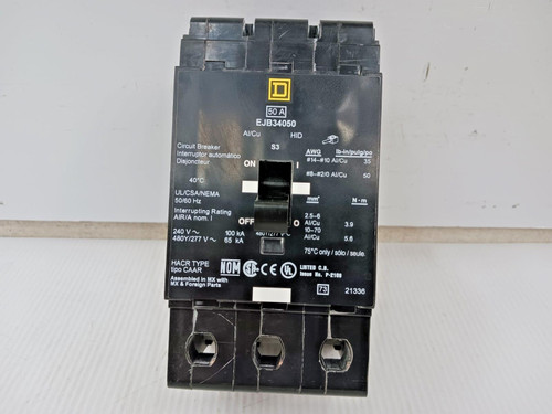 Square D 50 Amp Bolt-On Circuit Breaker 3 Pole 480Y/277 VAC 65kA EJB34050 Square D 50 Amp Bolt-On Circuit Breaker 3 Pole 480Y/277 VAC 65kA EJB34050