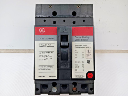 GE 50 Amp Current-Limiting Circuit Breaker 3 Pole 600V 65kA TEL136050WL (Flaw) GE 50 Amp Current-Limiting Circuit Breaker 3 Pole 600V 65kA TEL136050WL (Flaw)