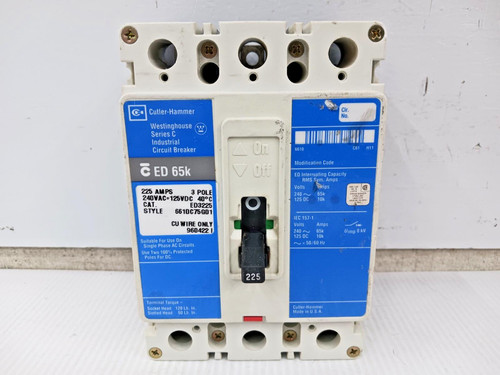 Cutler Hammer 225 Amp Circuit Breaker 3 Pole 240 VAC / 125 VDC ED3225 *Blue*