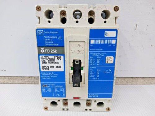 Cutler Hammer 20 Amp Circuit Breaker 3 Pole 600 VAC / 250 VDC 25kA FD3020