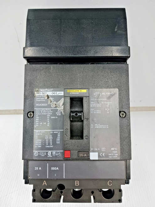 Square D PowerPact 25 Amp I-Line Circuit Breaker 3P 600V HGA36025 *Missing Lugs*