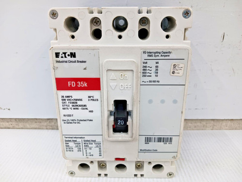 Eaton 20 Amp Industrial Circuit Breaker 3 Pole 600 VAC / 250 VDC 35kA FD3020