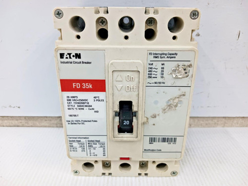 Eaton 20 Amp Industrial Circuit Breaker 3 Pole 600 VAC / 250 VDC 35kA FD3020BP10