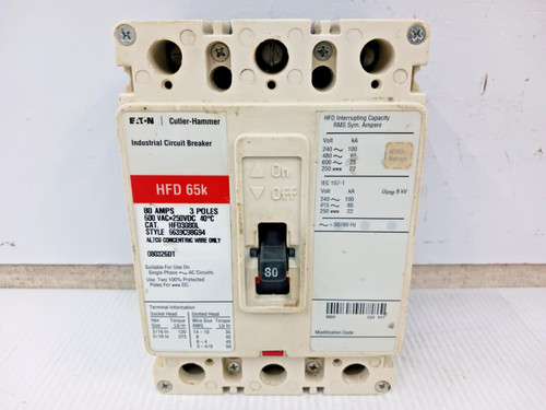 Eaton Cutler Hammer 80 Amp Circuit Breaker 3 Pole 600 VAC / 250 VDC HFD3080L Eaton Cutler Hammer 80 Amp Circuit Breaker 3 Pole 600 VAC / 250 VDC HFD3080L