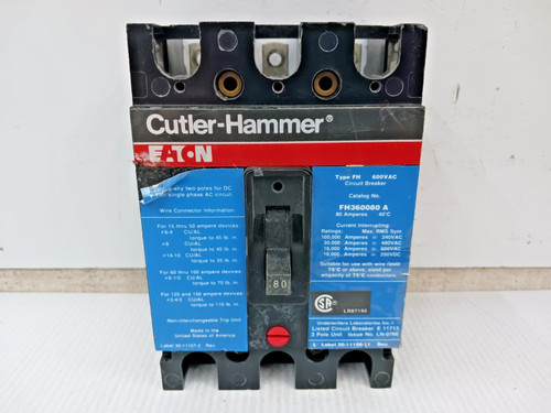 Eaton / Cutler Hammer 80 Amp Circuit Breaker 3 Pole 600 VAC / 250 VDC FH360080A