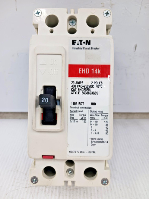Eaton 20 Amp Industrial Circuit Breaker 2 Pole 480 VAC / 250 VDC 14kA EHD2020L