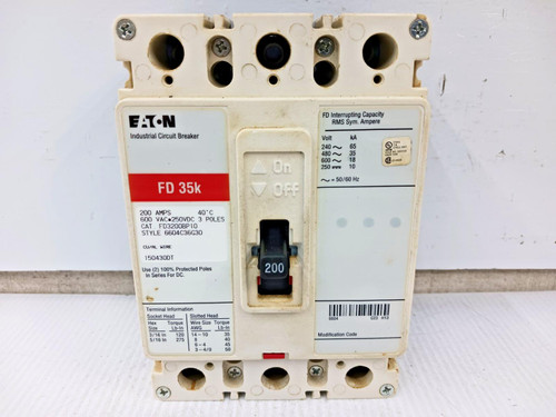 Eaton 200 Amp Circuit Breaker 3 Pole 600 VAC / 250 VDC 35kA FD3200BP10 *Chipped*