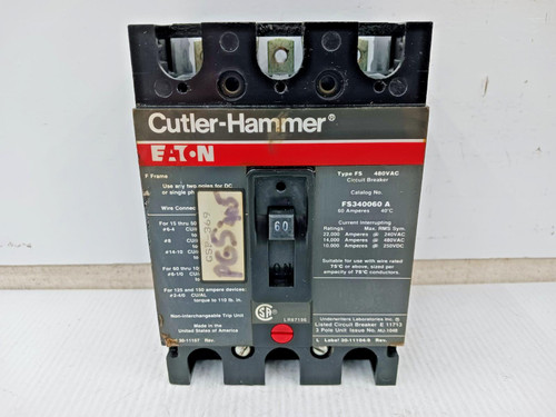 Eaton 60 Amp Circuit Breaker 3 Pole 480 VAC / 250 VDC 14kA FS340060A