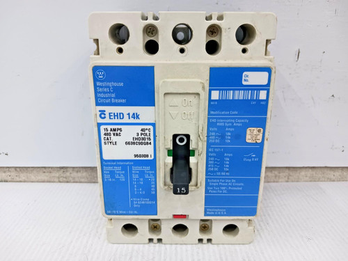 Westinghouse 15 Amp Circuit Breaker 3 Pole 480 VAC / 250 VDC EHD3015 *Chipped*
