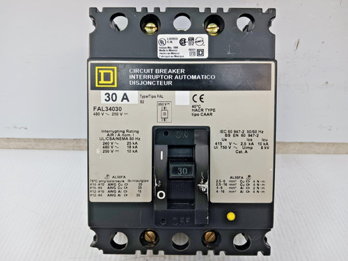 Square D 30 Amp Circuit Breaker 3 Pole 480 VAC / 250 VDC 18kA FAL34030 *Chipped*