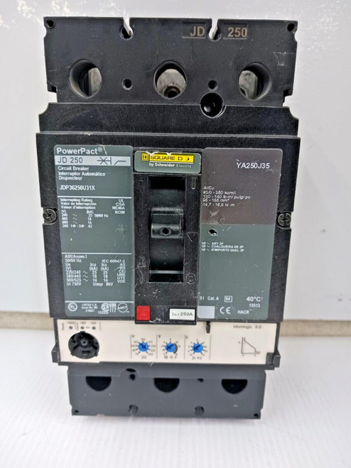 Square D PowerPact 250 Amp Circuit Breaker 3 Pole 600 VAC 18kA JDP36250U31X Square D PowerPact 250 Amp Circuit Breaker 3 Pole 600 VAC 18kA JDP36250U31X