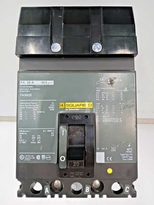 Square D 20 Amp I-Line Circuit Breaker 3P 600 VAC / 250 VDC 18kA FA36020 *Green*